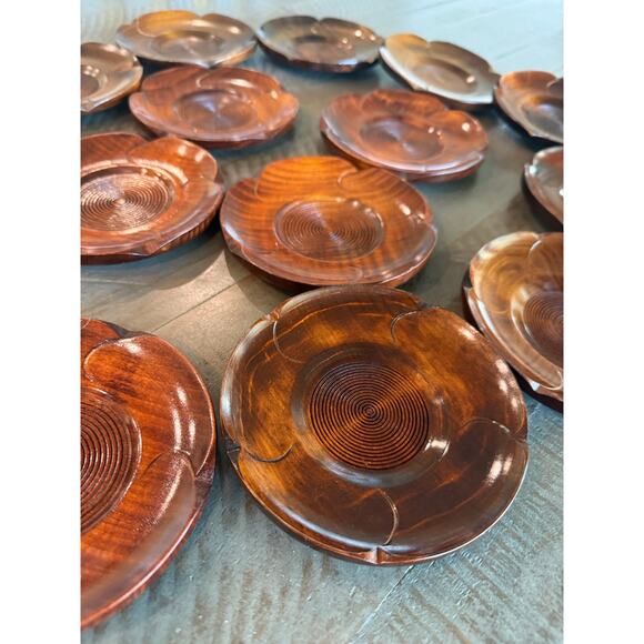 Vintage Japanese Handmade Wooden Lacquer Chataku Tea Cup Trays Coasters Set 15 - Picture 10 of 11